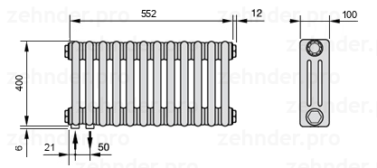 Схема (чертеж) Радиатор Zehnder Charleston 3040/12 №3370 Белый глянцевый RAL 9016